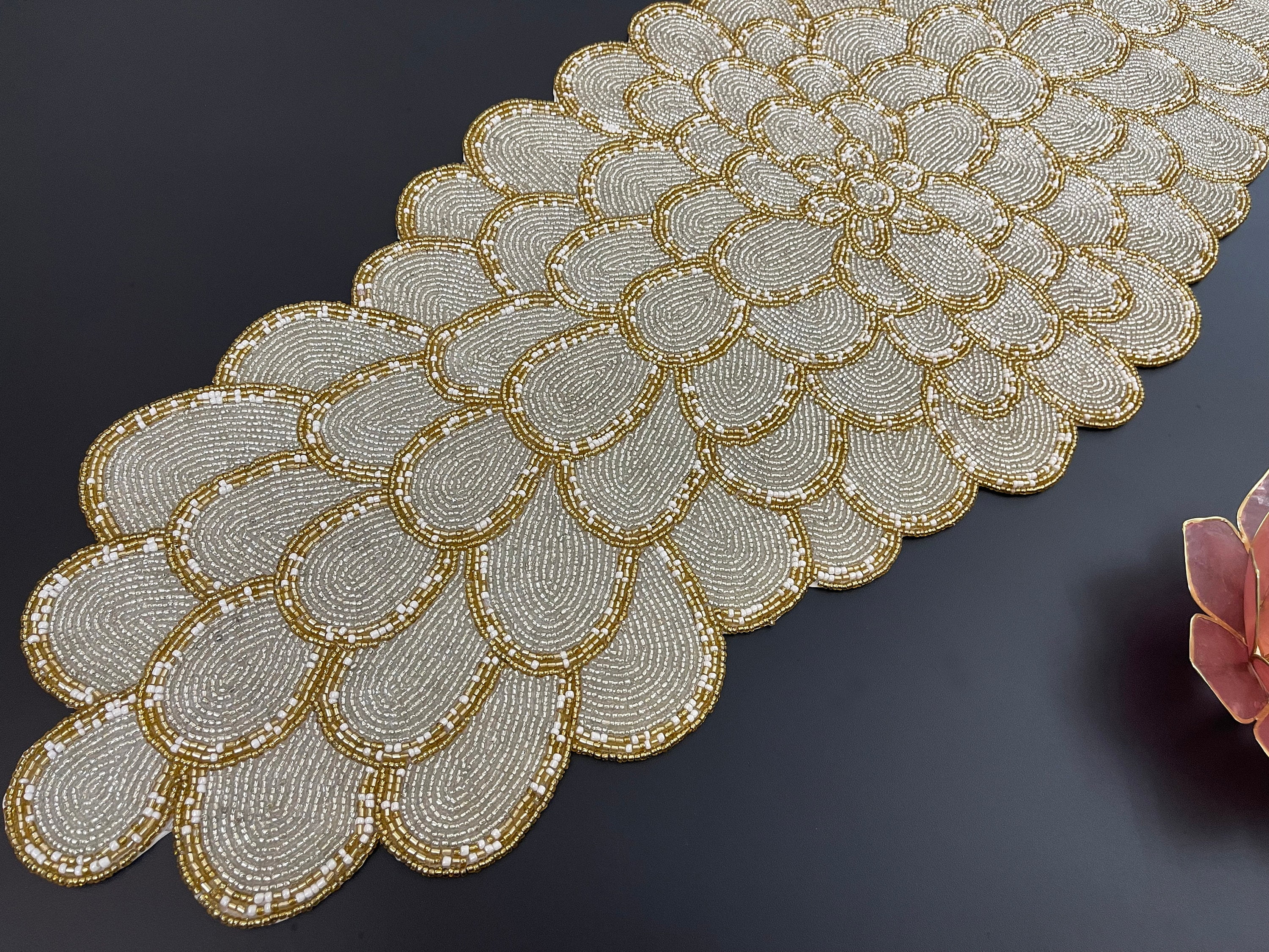 Handmade bead table runner, floral beaded runner, Silver and Gold ...