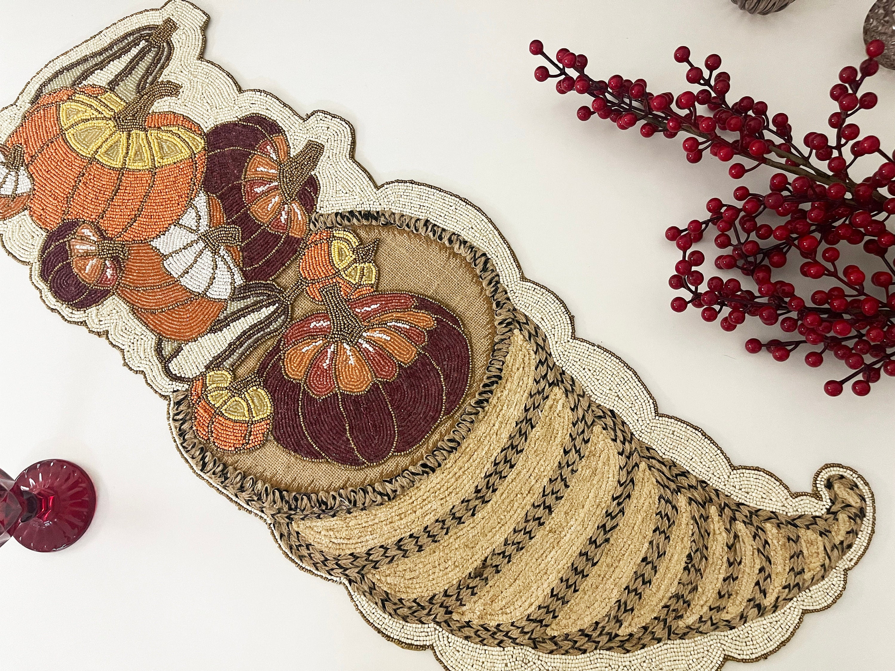 Handmade bead table runner, multicolour pumpkin fall runner, beaded, embroidery and thread work