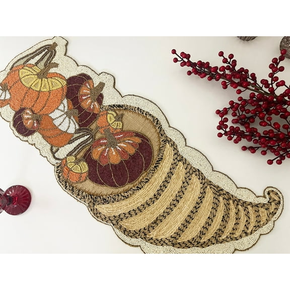 Handmade bead table runner, multicolour pumpkin fall runner, beaded, embroidery and thread work
