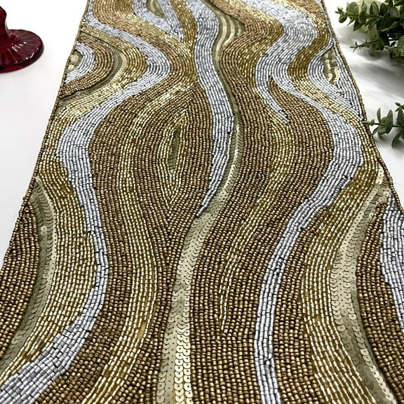 Handmade bead table runner, wavy beaded runner, Silver and Gold, 13x36inch