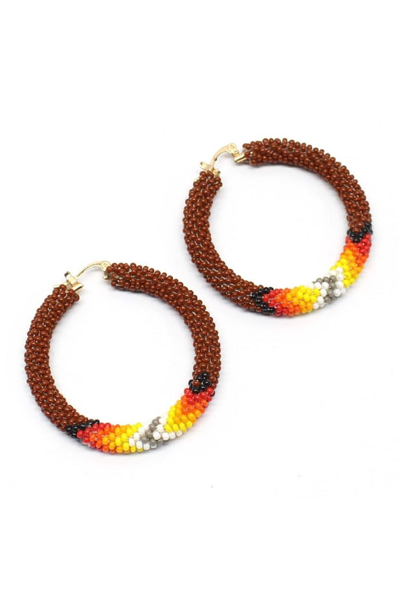 Handmade beaded 2 inch Brown Native style Hoop earrings