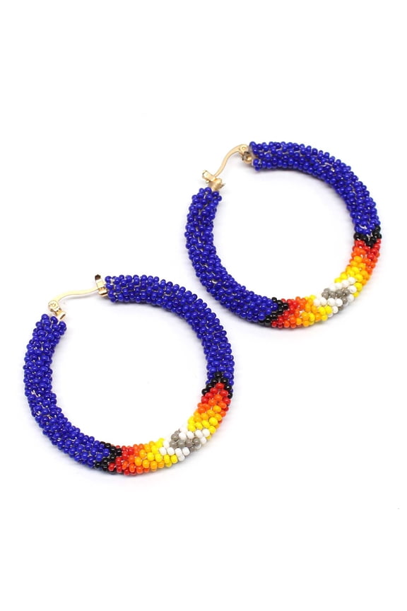 Handmade beaded 2 inch Deep Blue Native style hoop earrings