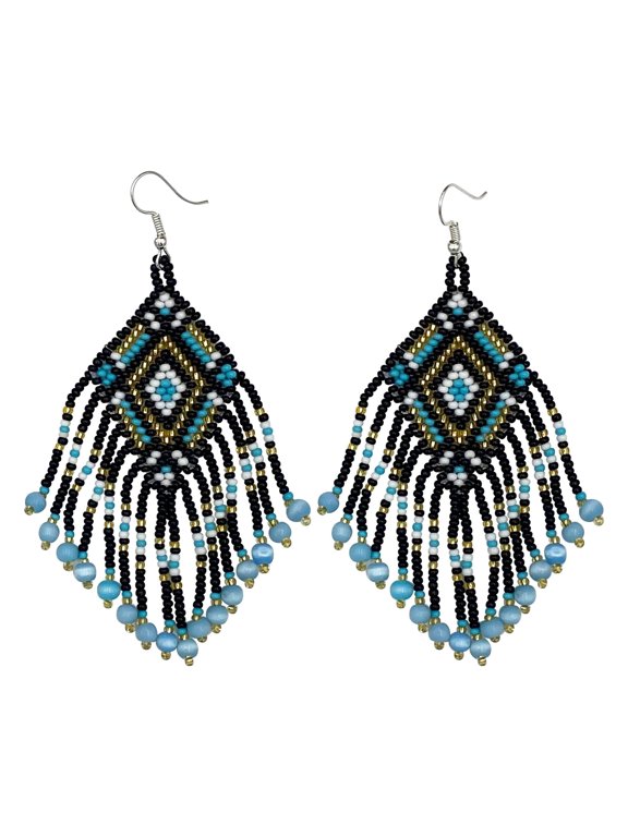 Handmade beaded Black Cyan Blue Native style hook earrings