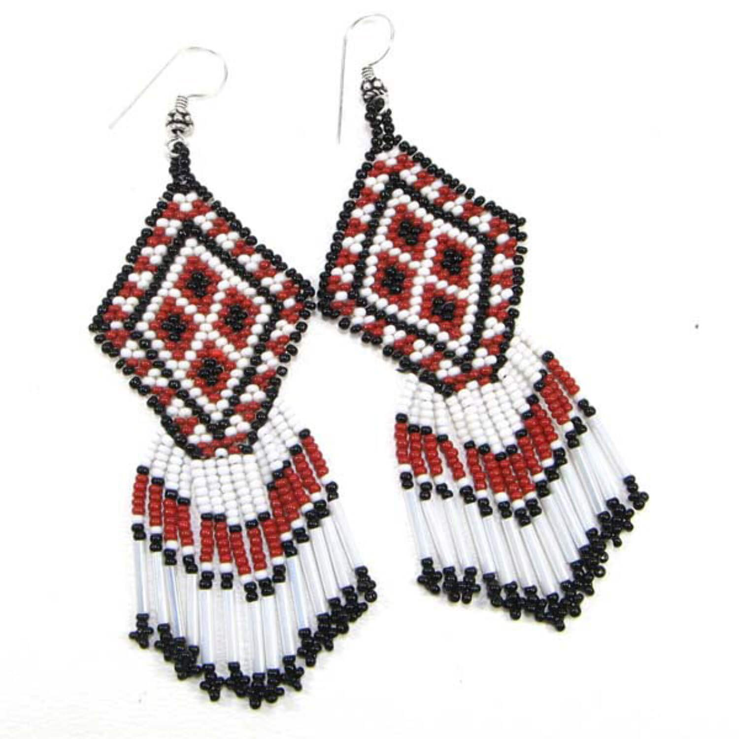 Handmade beaded Brown White Geometric pattern hook dangle Earrings