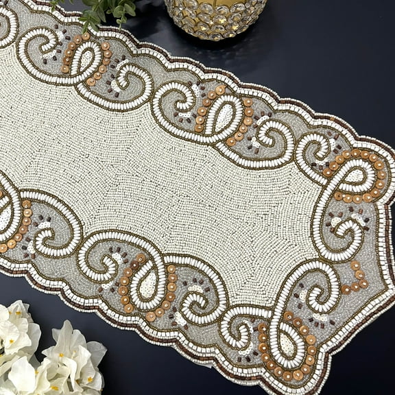 Handmade beaded Christmas table runner, cream, silver and gold, 13x36inch