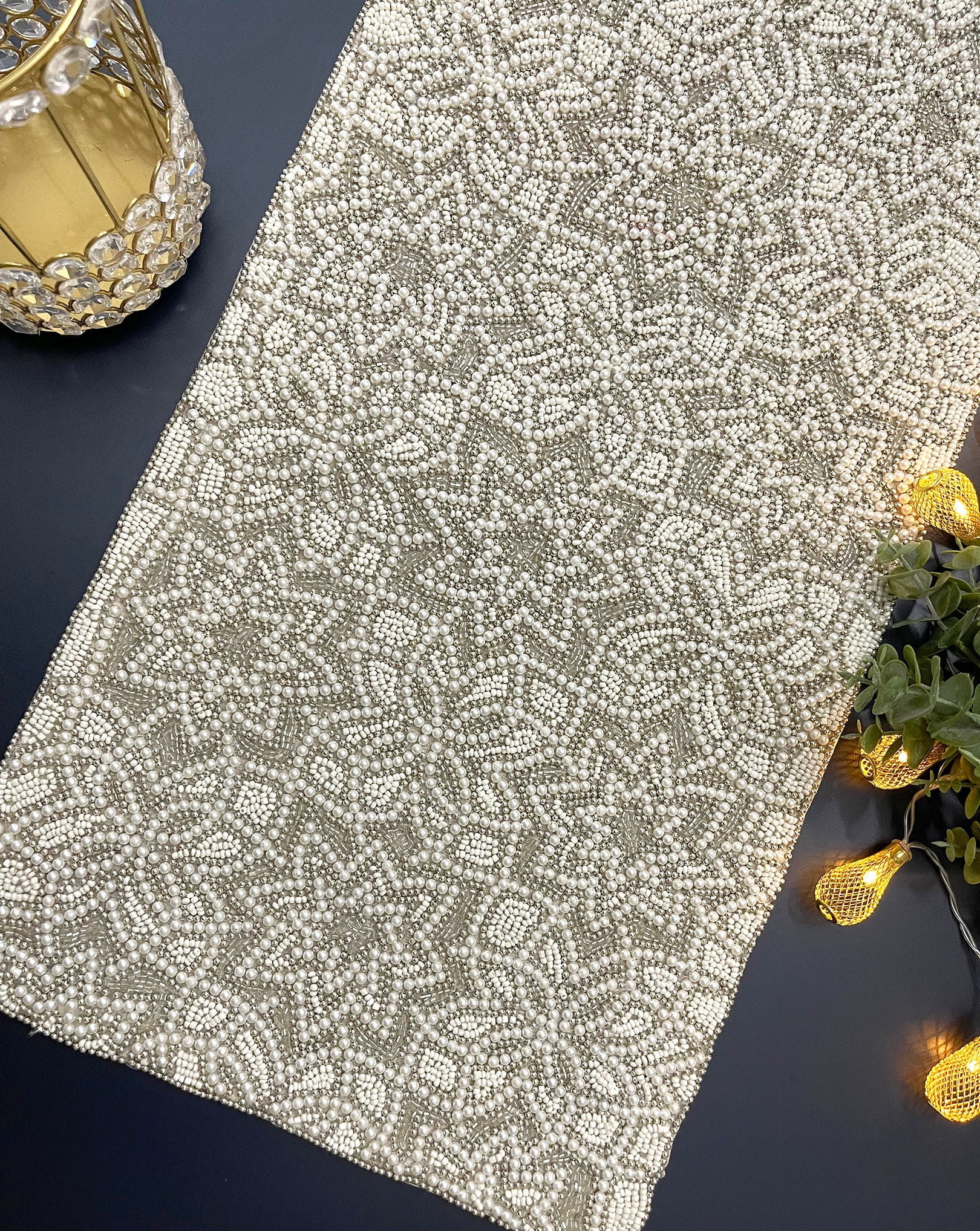 Handmade beaded Christmas table runner, white silver, 13x48inch