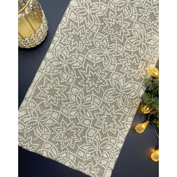 Handmade beaded Christmas table runner, white silver, 13x48inch