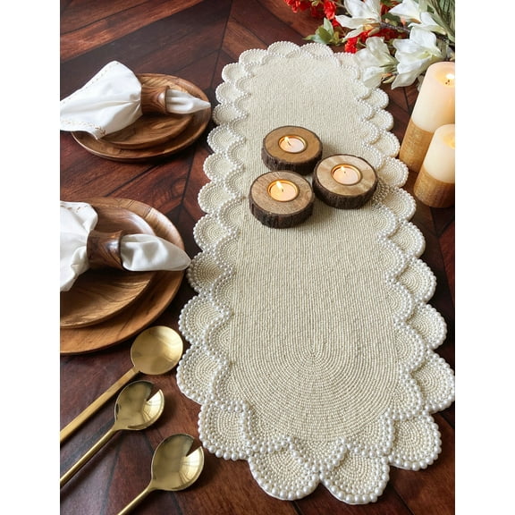 Handmade beaded table runner, pearl white, wedding table runner 13x36inch
