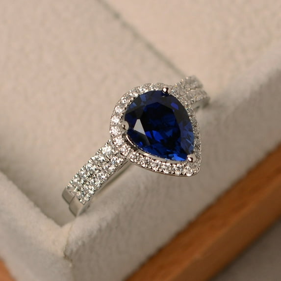 Handmade blue sapphire ring, engagement ring, water drop shaped, solid sterling silver, bridal sets
