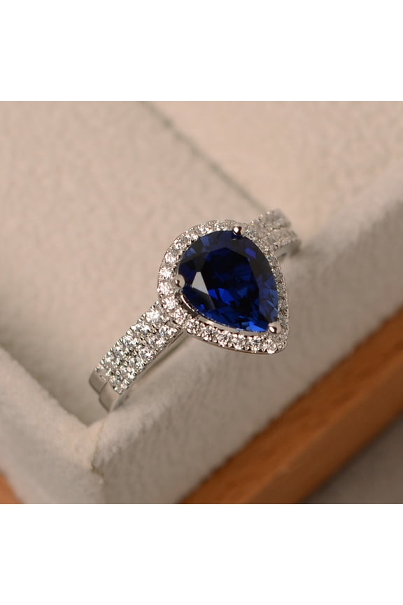 Handmade blue sapphire ring, engagement ring, water drop shaped, solid sterling silver, bridal sets
