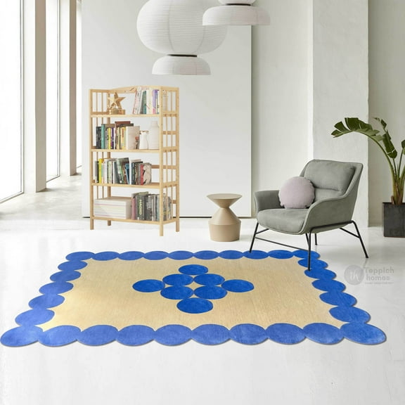 Handmade carpet 5x7, Blue color, Tufted wool rugs for Hallway, Bed, Living room.