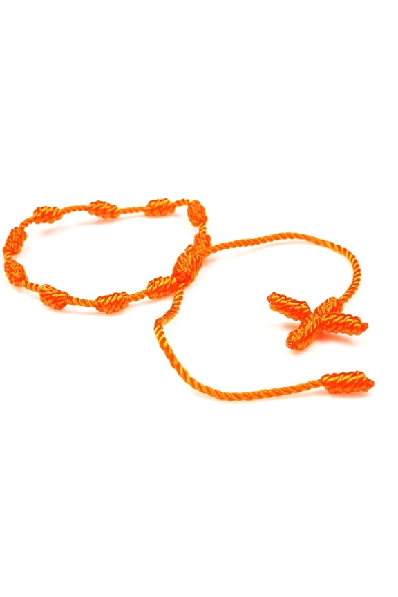 Handmade color thread knotted string rosary Decenario bracelet with dangling cross - men women children - gold orange color
