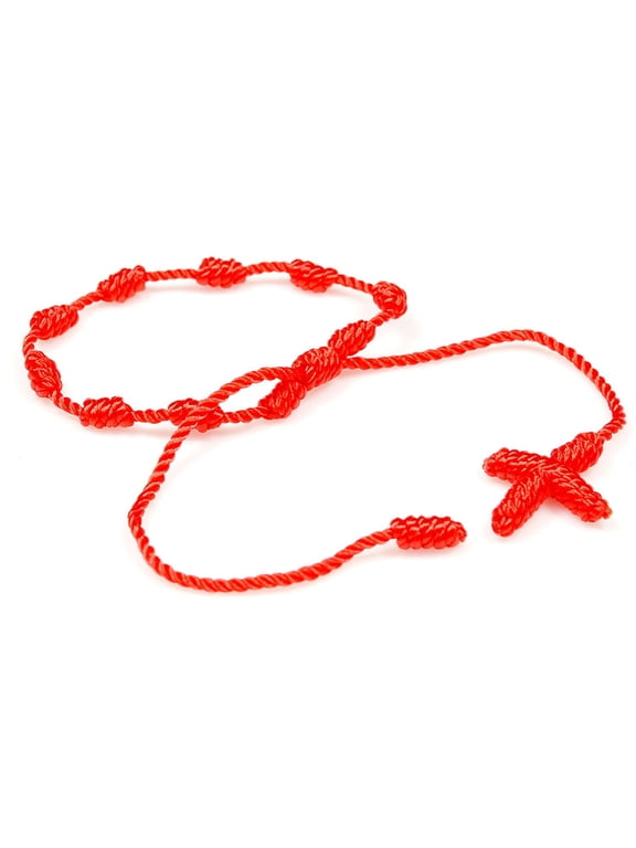 Handmade color thread knotted string rosary Decenario bracelet with dangling cross - men women children - red color