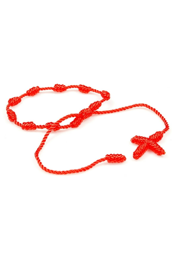 Handmade color thread knotted string rosary Decenario bracelet with dangling cross - men women children - red color