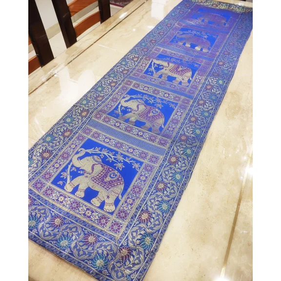 Handmade elephant design Blue gold Silk Table Runner Brocade boho tapestry décor