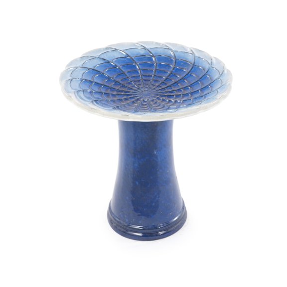 Handmade glazed ceramic bird bath, 17" swirling scroll embossed tray & 18" pedestal base, gradient glaze outdoor bird feeder for yard, lawn, patio & backyard