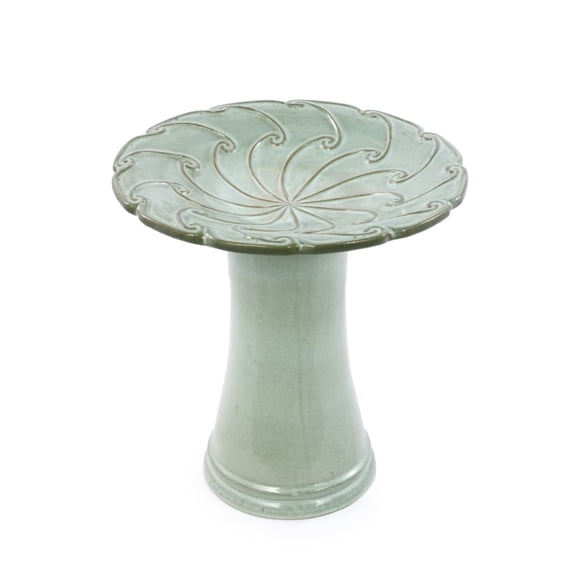 Handmade glazed ceramic bird bath, 17" swirling scroll embossed tray & 18" pedestal base, gradient glaze outdoor bird feeder for yard, lawn, patio & backyard