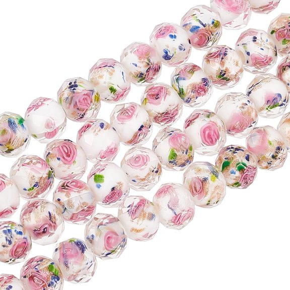 Handmade golden Sand Lampwork Beads Strands Inner Flower Faceted Rondelle White 9~10x7~8mm Hole: 1.5~2mm about 60pcs/strand 17.3 inch