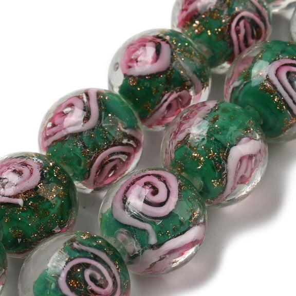 Handmade golden Sand Lampwork Beads Strands Round Vortex Pattern Dark Green 12mm Hole: 2mm about 30pcs/box