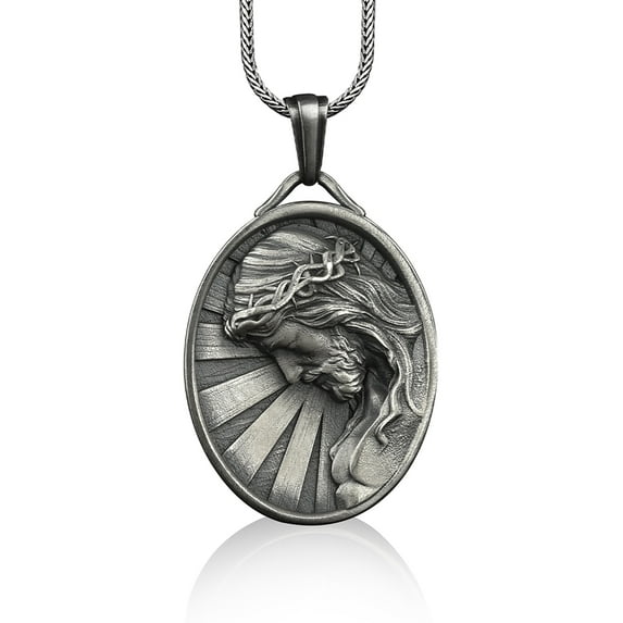 Handmade jesus oval pendant necklace in silver, Personalized catholic necklace for dad, Religious necklace for christian