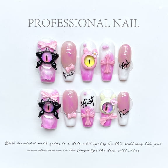 Handmade nail art pink little monster croixin cross detachable fake nail nail sticker