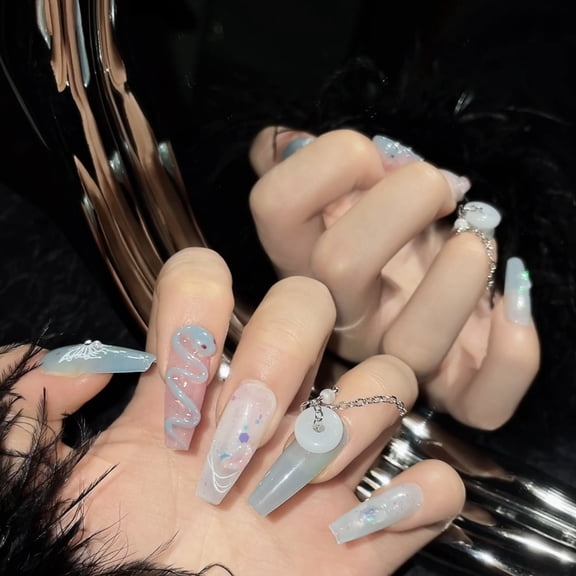 Handmade nail art wearing nail jade snake buckle new Chinese style medium and long style cold ancient style wearing nail art finished product