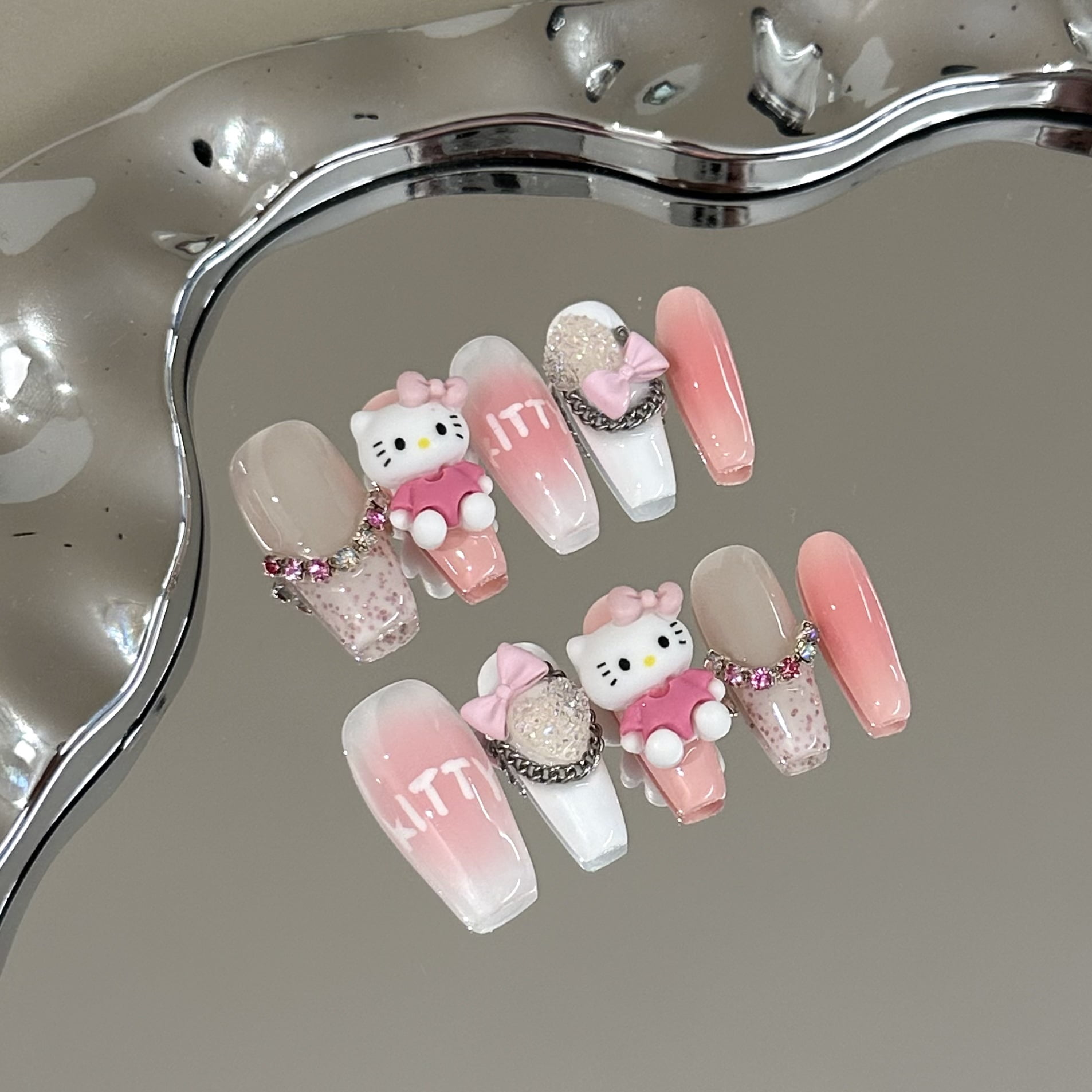 Handmade nail pads, high-end pink blush nail kitt cat manicure, love bow temperament, white nails