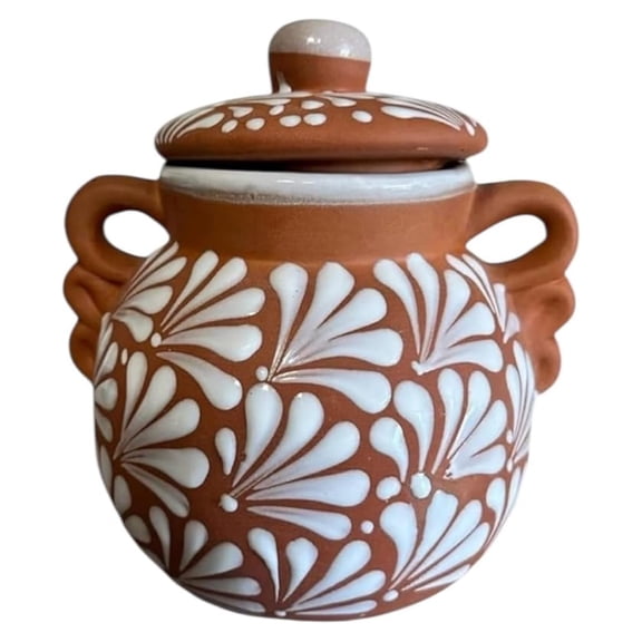 Handmade olla de barro Clay Bean Pot 3 Quarts White Small 8x8 Inch Mexican Barro Stew Pot, Talavera Style Cooking & Serving Pot