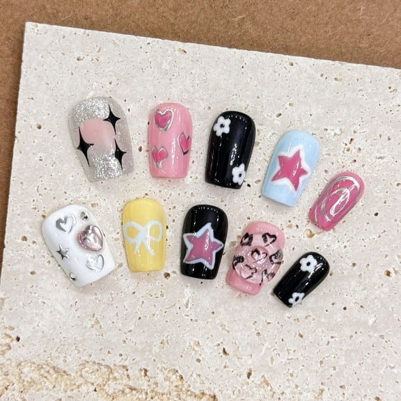 Handmade phototherapy nail art finished product can be disassembled, wearing nail, hand-painted rhinestone star nail art whitening, summer sweet sister nail piece