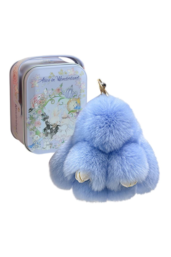 Handmade soft bunny keychain with tin box. Adorable plush bunny, Lulu charm, perfect for bag and key decoration, ideal as an Easter gift.(Blue)