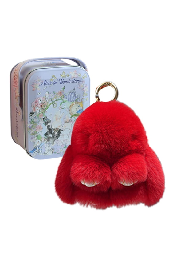 Handmade soft bunny keychain with tin box. Adorable plush bunny, Lulu charm, perfect for bag and key decoration, ideal as an Easter gift.(Red)