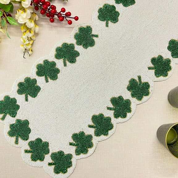 Handmade table runner, Clover Leaf / Shamrock hand beaded runner, Green 13x36inch