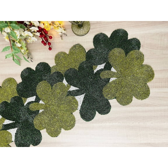 Handmade table runner, Clover Leaf / Shamrock hand beaded runner, Green 13x36inch