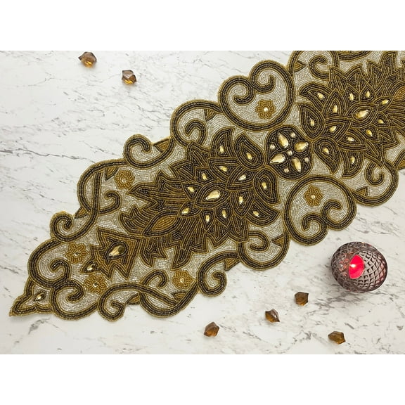 Handmade table runner, Silver and Golden beaded runner, centerpiece, 13x36inch
