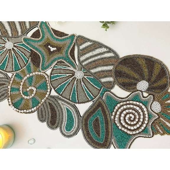 Handmade table runner, Teal Gold seashell beaded centerpiece, 13x36inch