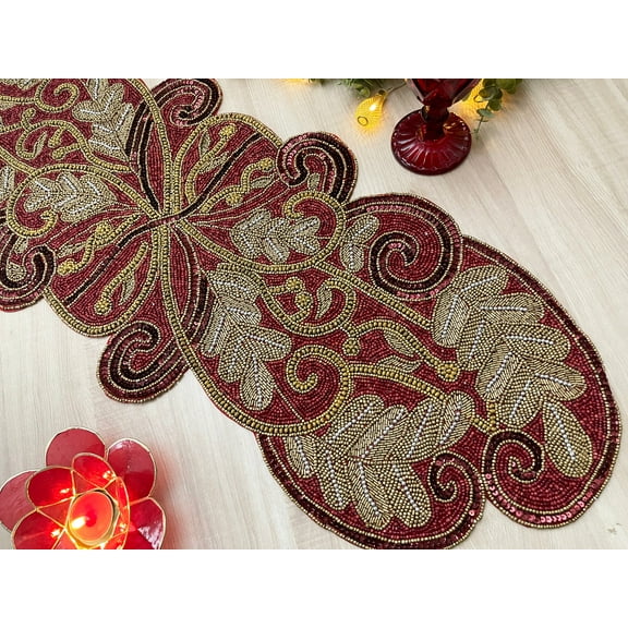 Handmade table runner, beaded table runner, Red Maroon and gold 13x36inch