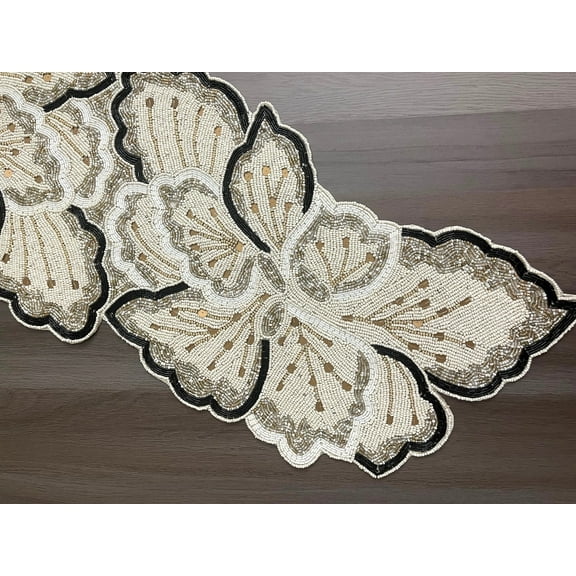 Handmade table runner, beaded table runner, cream gold, 13x36inch