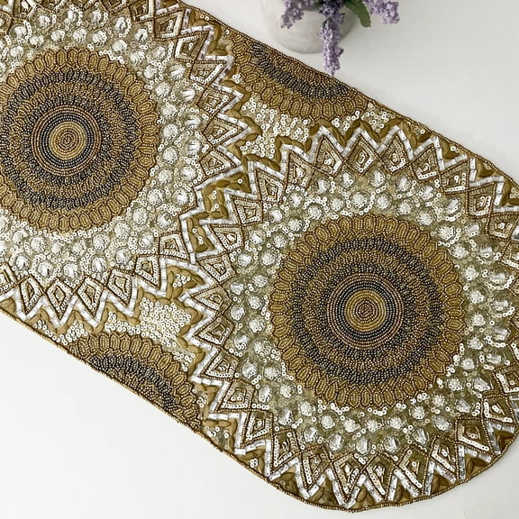 Handmade table runner, beaded table runner, gold bead and sequin runner, 13x36inch