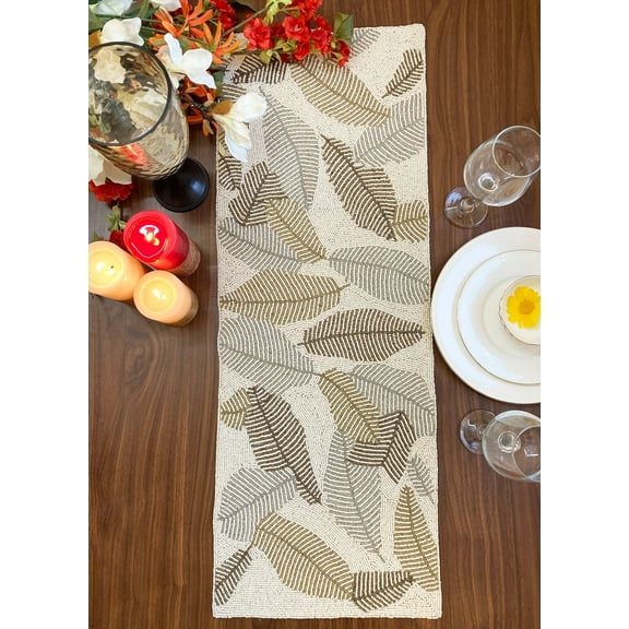 Handmade table runner, beaded table runner, leaf design bead runner, 13x36inch