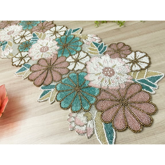 Handmade table runner, floral spring beaded table runner, 13x36inch