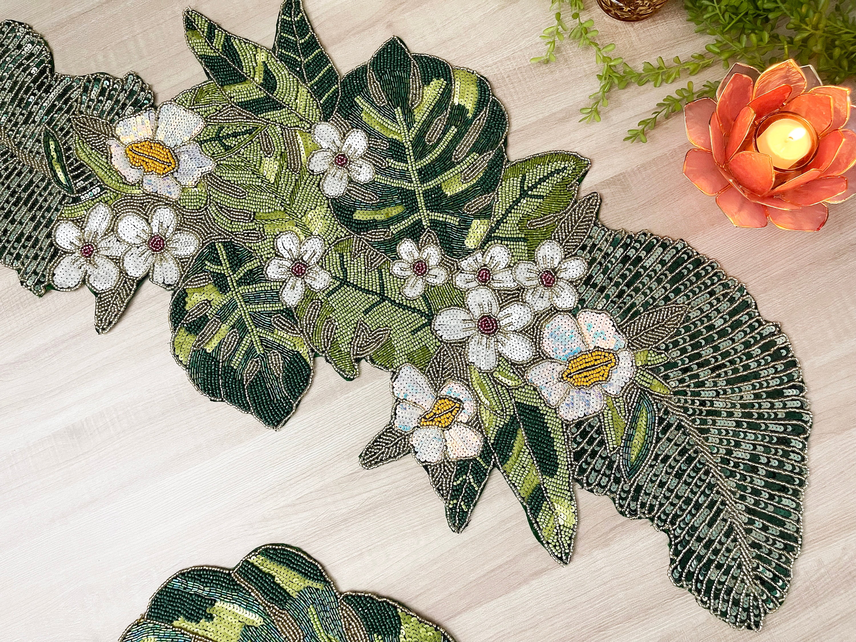 Handmade table runner, flower and leaf spring beaded table runner ...