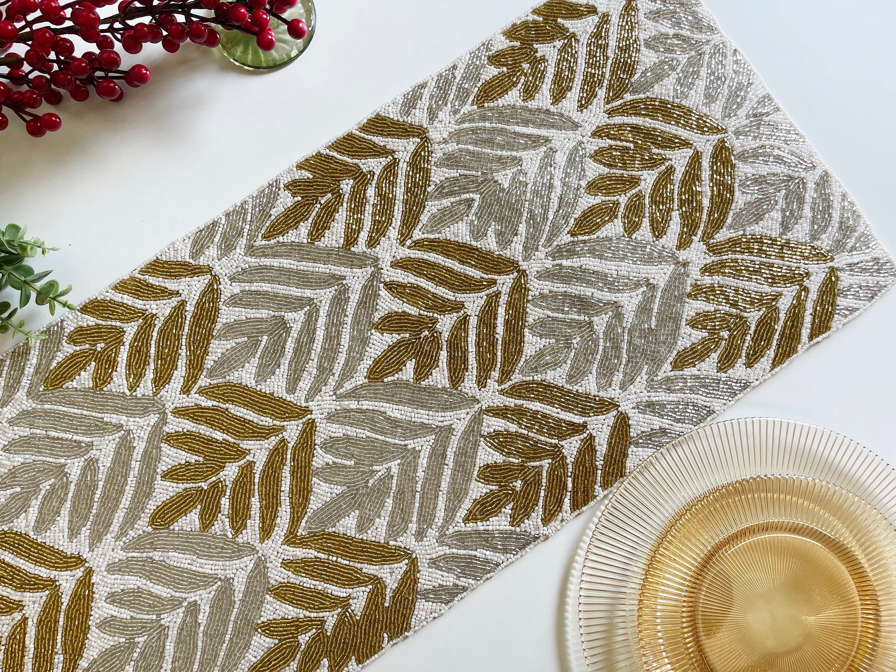 Handmade table runner, gold and silver on white, hand beaded runner ...