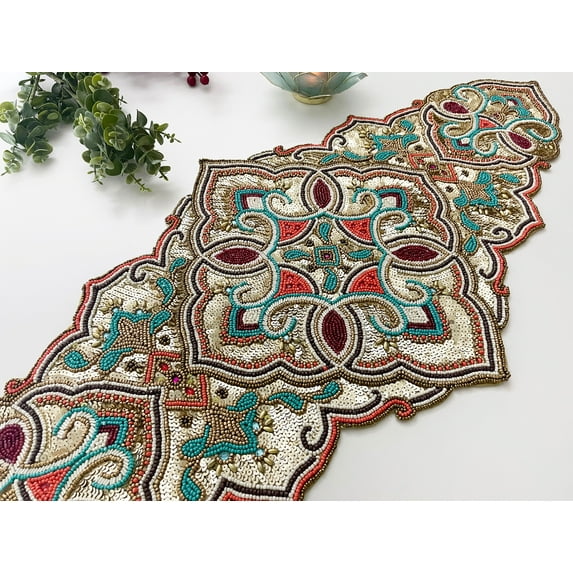 Handmade table runner, luxury beaded runner, centerpiece multicolor, 13x36inch