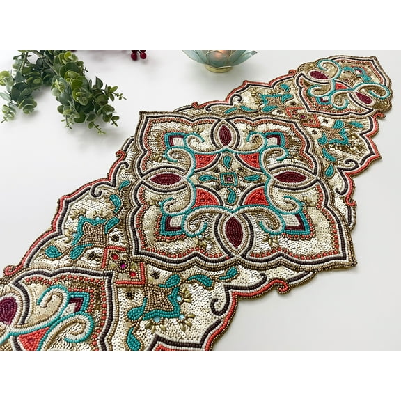 Handmade table runner, luxury beaded runner, centerpiece multicolor, 13x36inch
