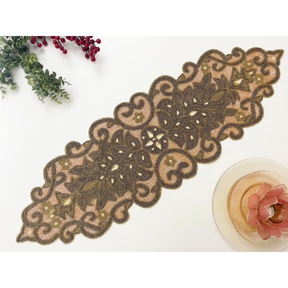 Handmade table runner, peach and golden beaded runner, centerpiece, 13x36inch