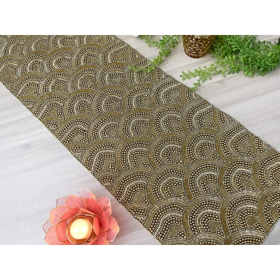Handmade table runner, shiny gold beaded table runner, 13x36inch