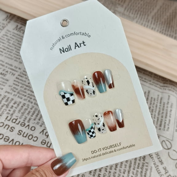 Handmade three-dimensional phototherapy wearing armor, black and white checkerboard French nail sticker, jade green gradual change manicure 24 pieces