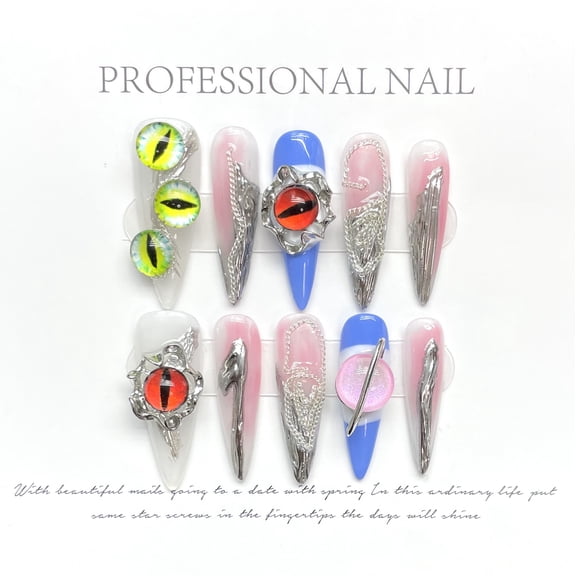 Handmade wearable nails, devil's eyes, dark niche nail patches, contrasting fake nails, wearable style