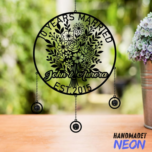 Handmadetneonsign 10th Anniversary Wind Chimes, Custom Wedding Flowers Sign with Name, Gift for Wife 140168