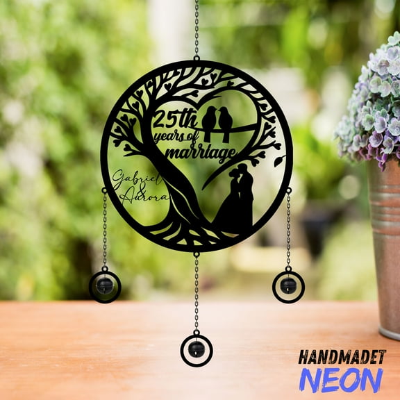 Handmadetneonsign 25th Wedding Anniversary Wind Chimes, Custom Metal Wind Chimes for Couples 140175